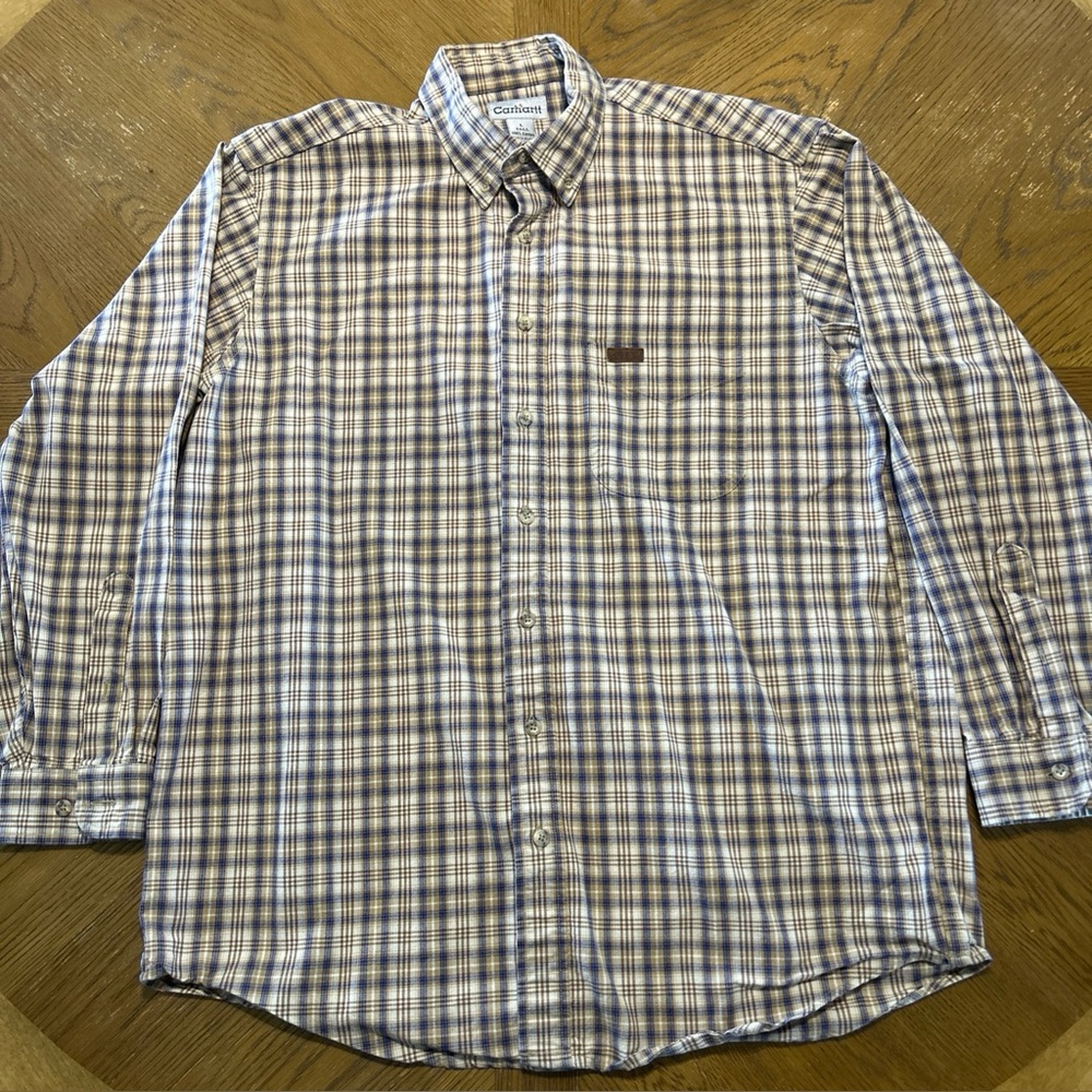 Carhartt Flannel Shirt Mens Large Tall Button Up Plaid Brown Heavy Workwear
